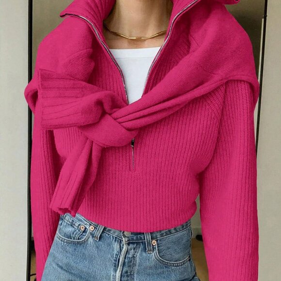 Hot Pink Casual Women's V Neck Half-Zip Lapel Ribbed Sweater - Picture 2 of 4